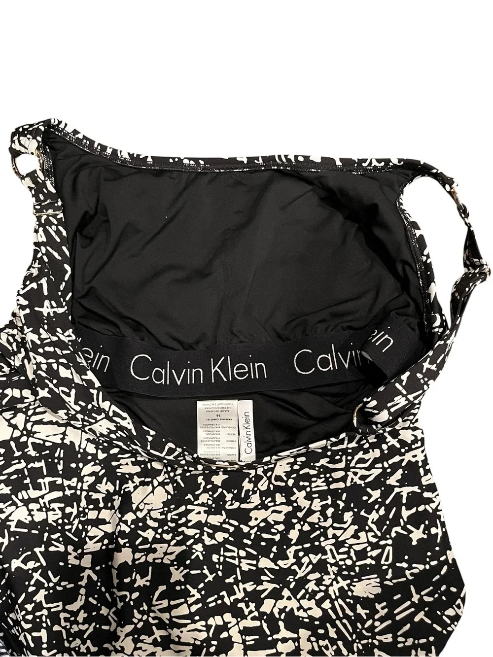 Calvin Klein Black White Bathing Suit One-Piece Swimsuit Abstract Print Size 14